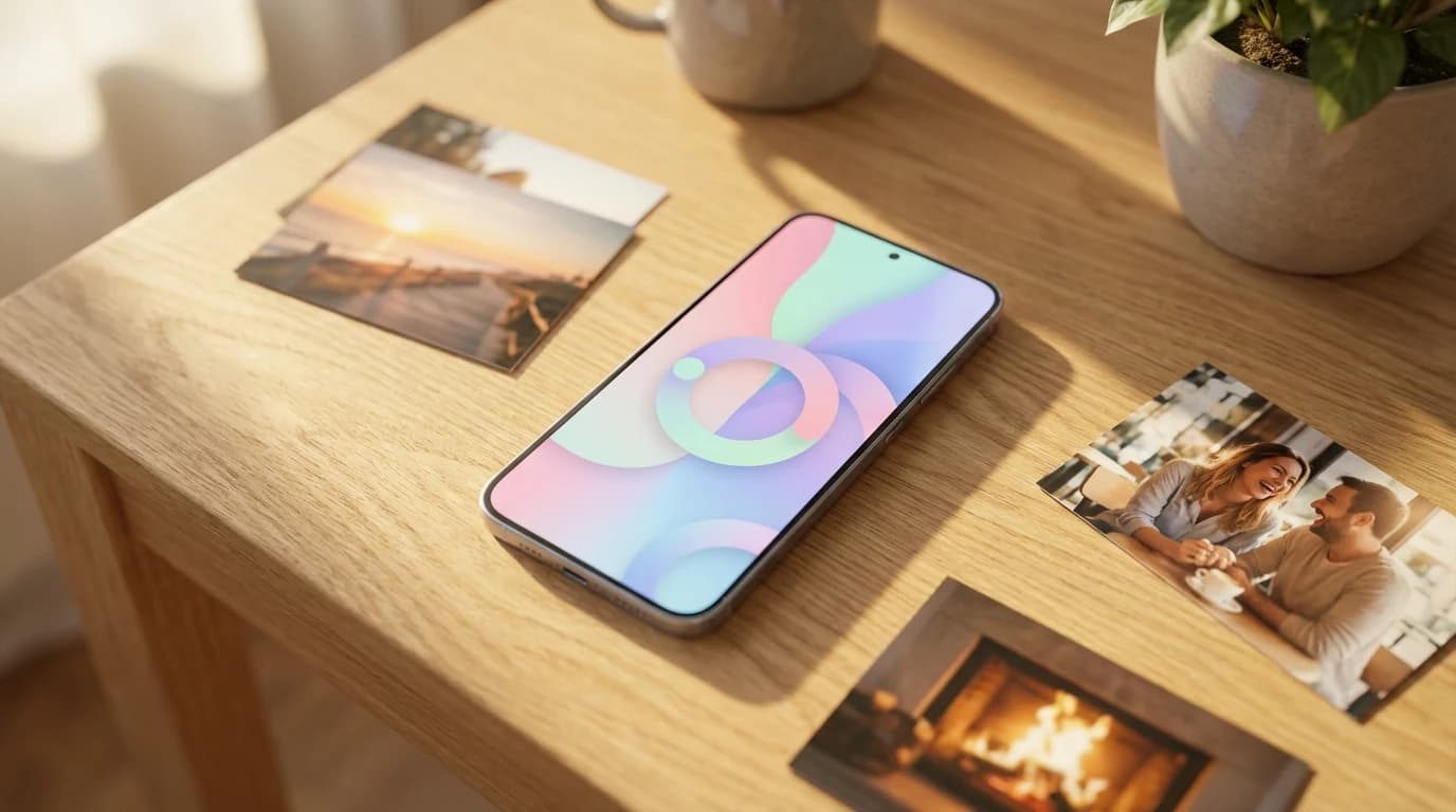 A modern iPhone displaying a clean storage optimization screen alongside digital photographs