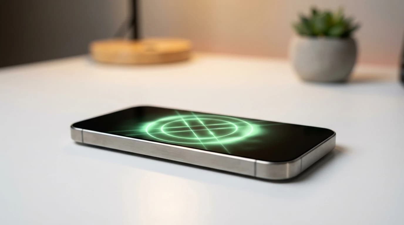 En iPhone 16 der viser en AI-brugerflade til sortering af billeder med en lysende grøn indikator for lagerplads.