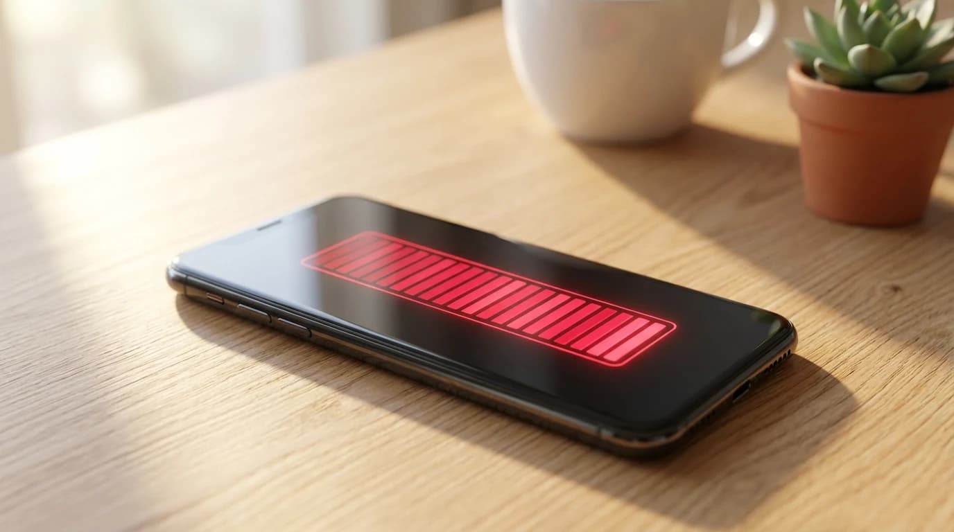 هاتف آيفون حديث يعرض تحذيراً بامتلاء مساحة التخزين بجانب مخططات توضح تحسين المساحة