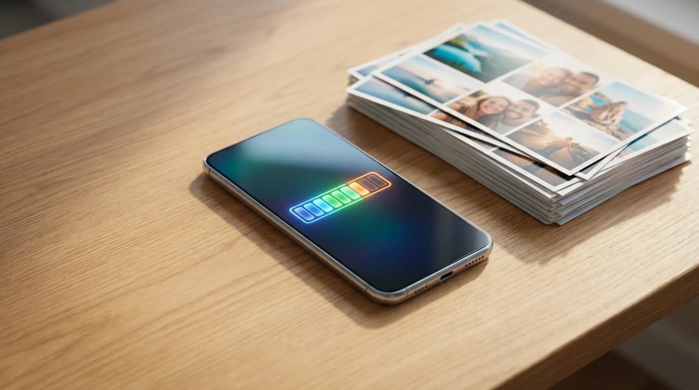 An iPhone displaying the optimize storage settings menu next to a stack of photo prints