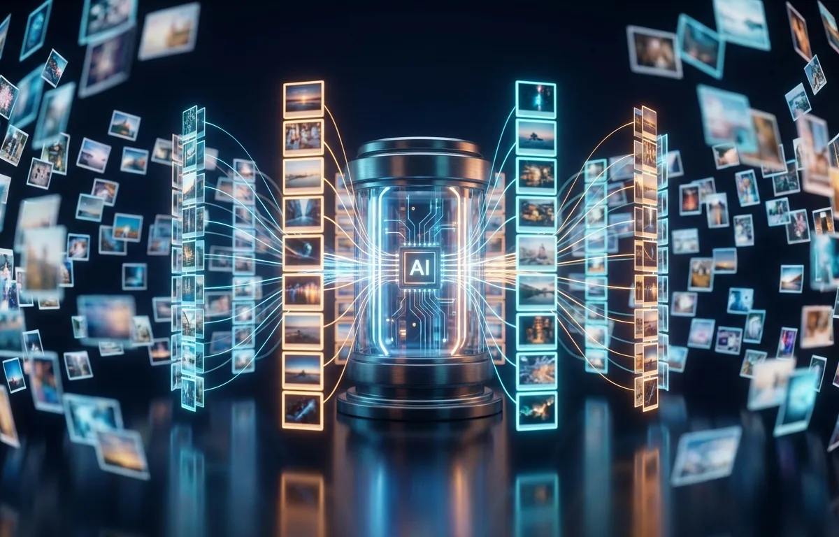 Una representación abstracta de inteligencia artificial organizando una galería de fotos desordenada en pilas limpias