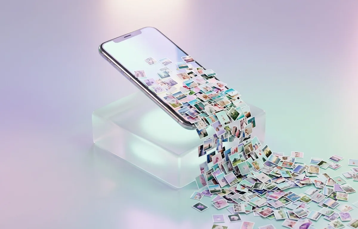 Una pantalla de smartphone estilizada que muestra cientos de fotos duplicadas casi idénticas