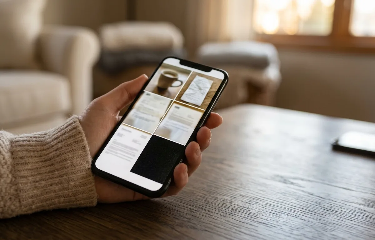 Zaśmiecona galeria zdjęć cyfrowych pełna rachunków, zrzutów ekranu i rozmytych zdjęć