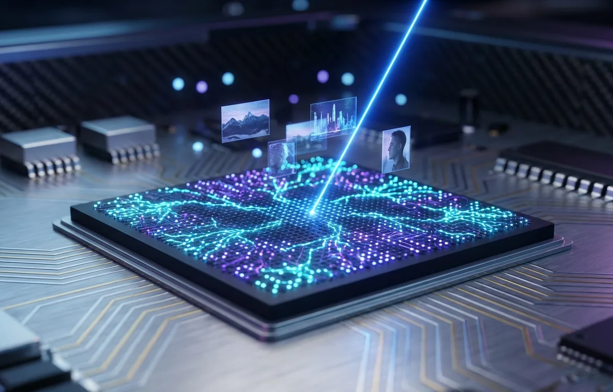 Lysende neural chip, der analyserer og scanner digitale fotografier hurtigt.