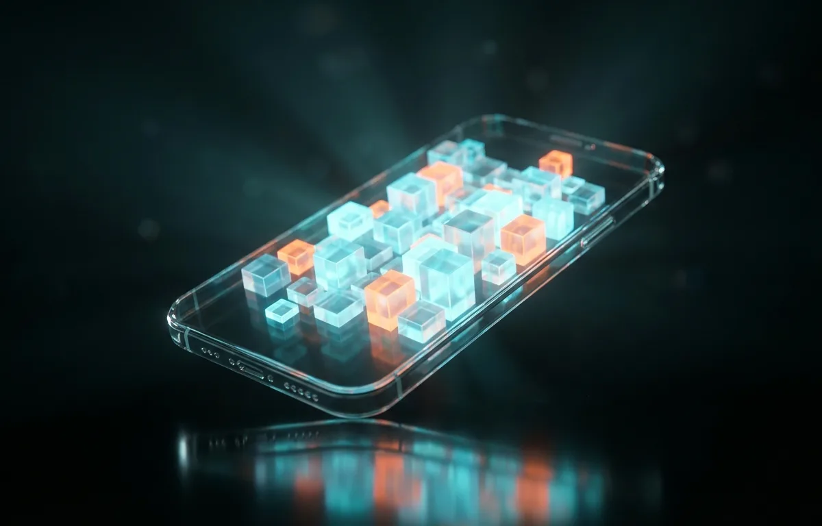 Abstrakt digital illustration af systemdata og caches, der fylder en iPhone-lagerbjælke.