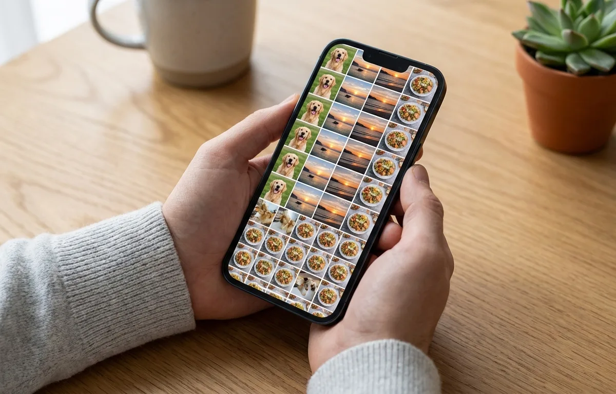 Person reviewing duplicate photos in iPhone camera roll for cleanup